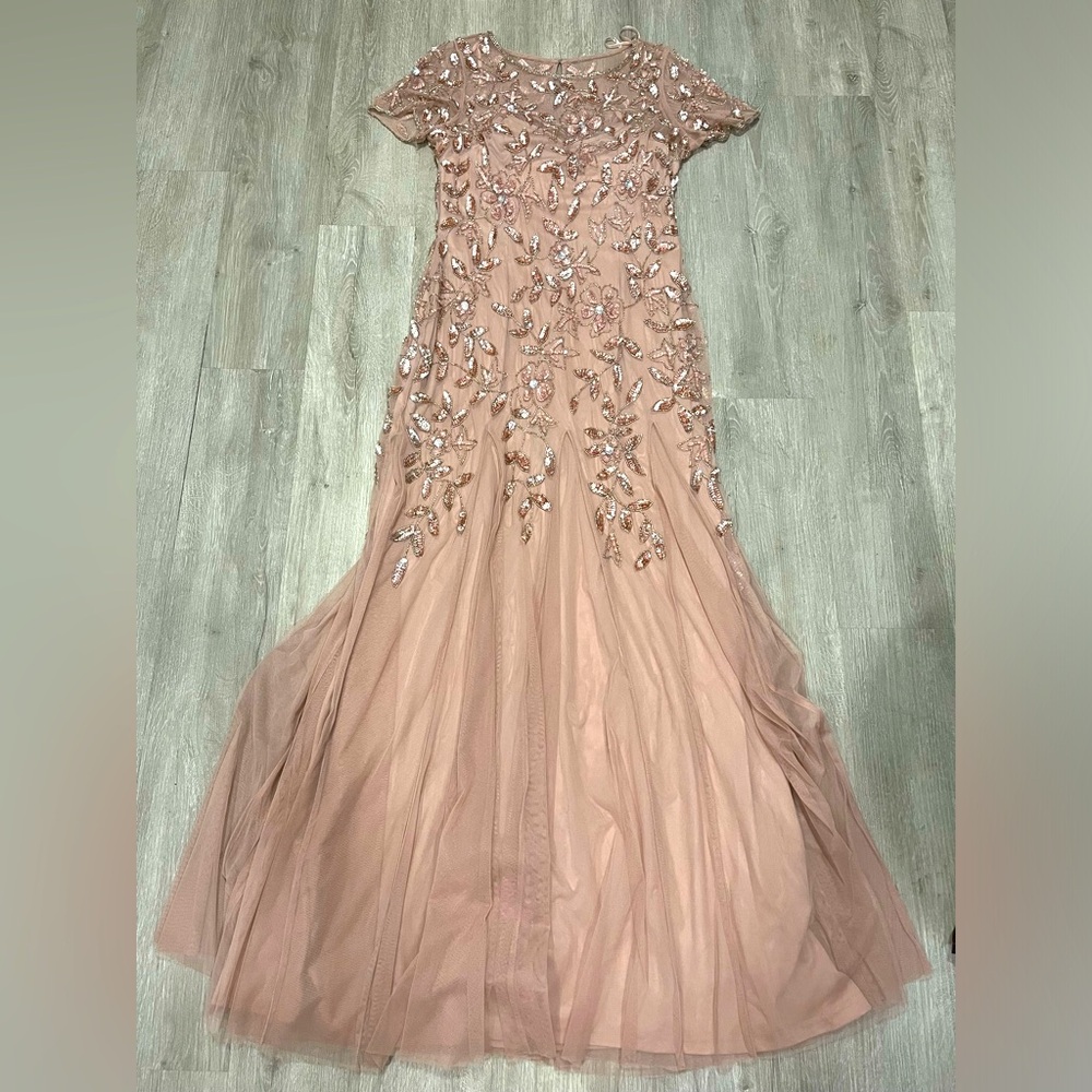 Floor length rhinestone and sequin rose gold gown Adrianna Papell